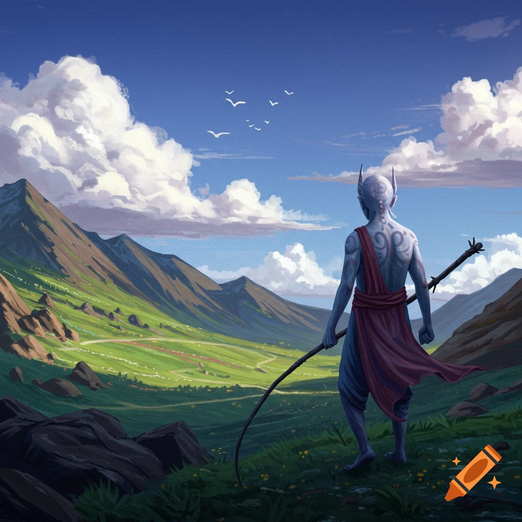 A blue-skinned fantasy figure with horns stands on a hill overlooking a lush valley and mountains.