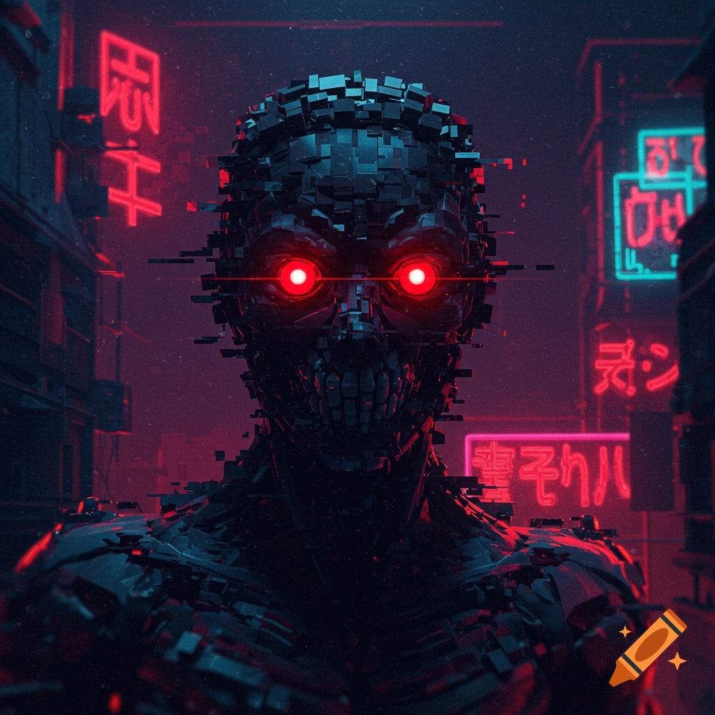 A dark, fragmented cyborg figure with glowing red eyes stands in a neon-lit cyberpunk street. Glitched text is visible on background signs.
