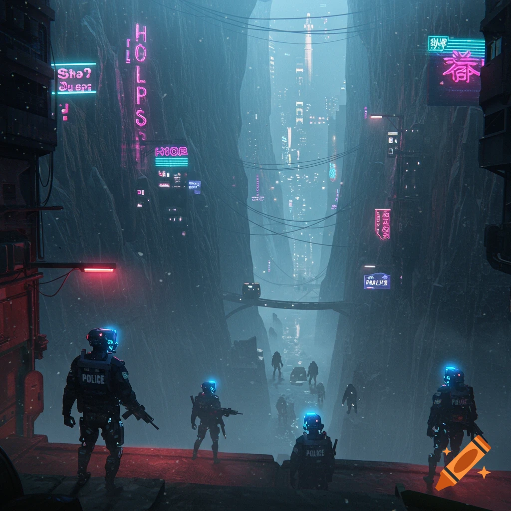 Cyberpunk city in a foggy ravine with neon signs and police robots standing guard.