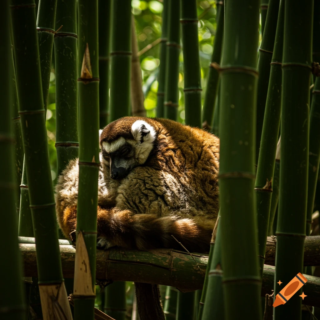 A fluffy brown lemur sleeps curled up on a branch among thick green bamboo stalks.