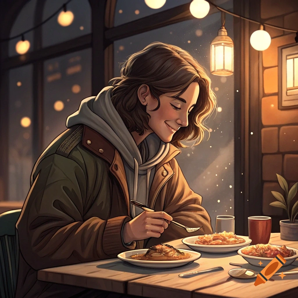 Illustration of a person eating at a table in a dimly lit restaurant