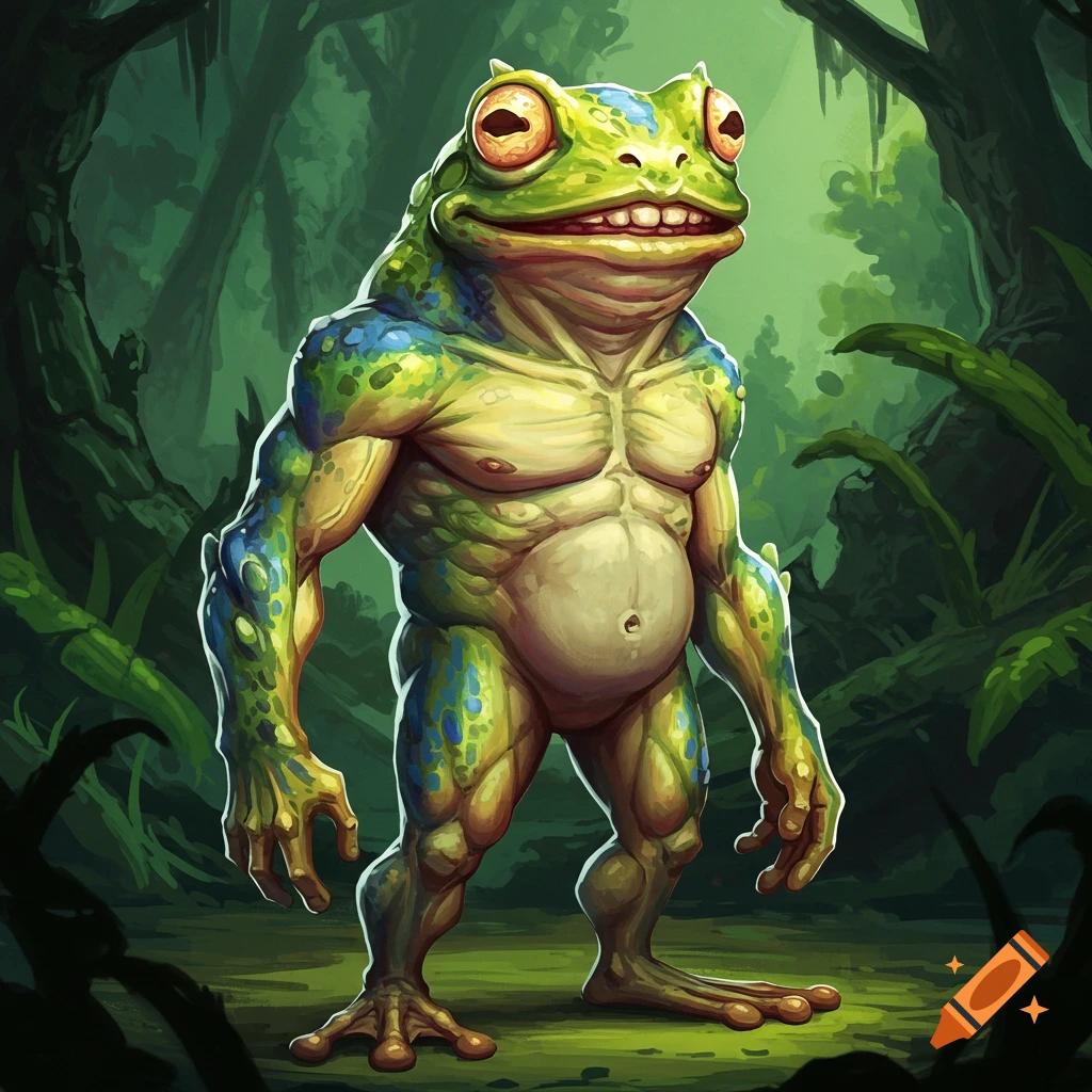 A muscular humanoid frog stands in a forest.