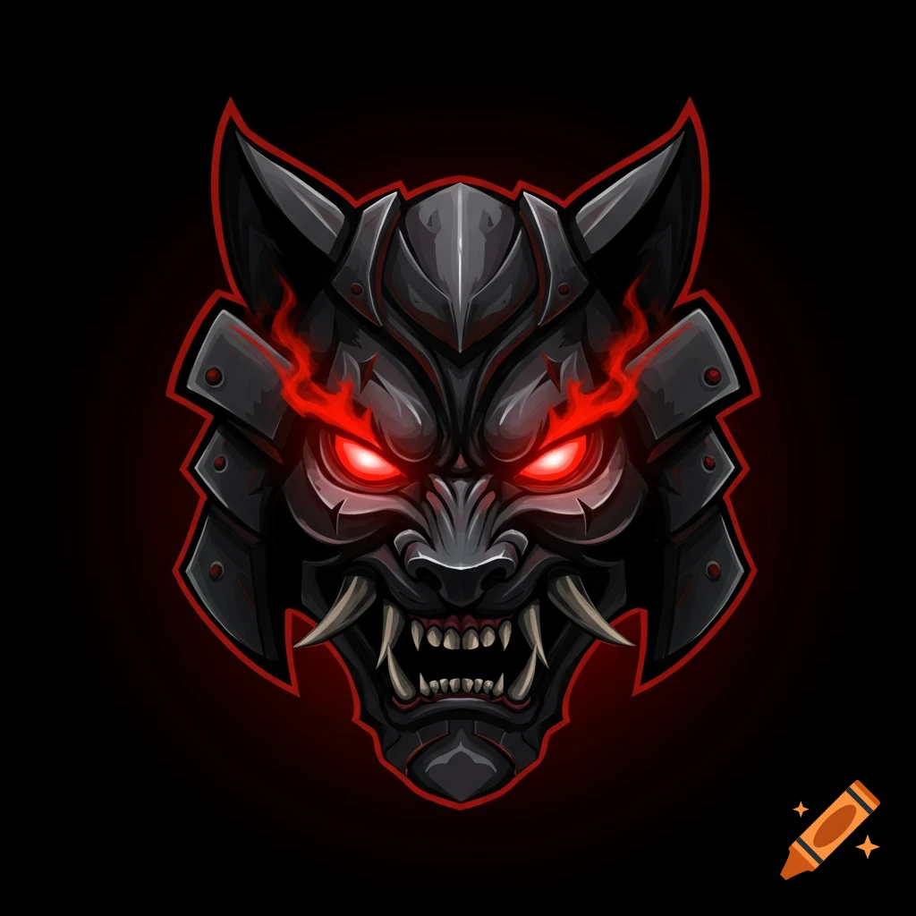 Stylized dark mask with red eyes, resembling a wolf or demon samurai, in a gaming logo style.