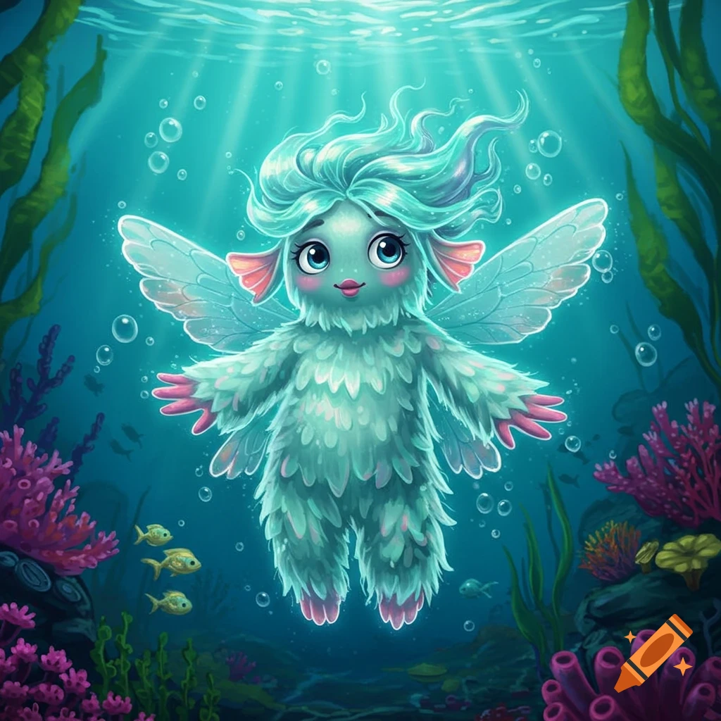 A cute, fluffy turquoise creature with fairy wings floats underwater amidst coral and bubbles.