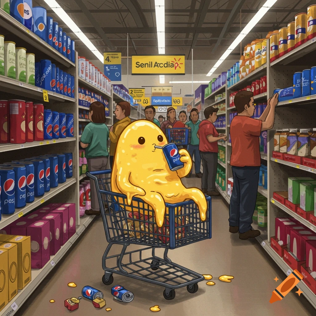 A cartoon yellow creature sits in a shopping cart in a supermarket, sipping a soda.