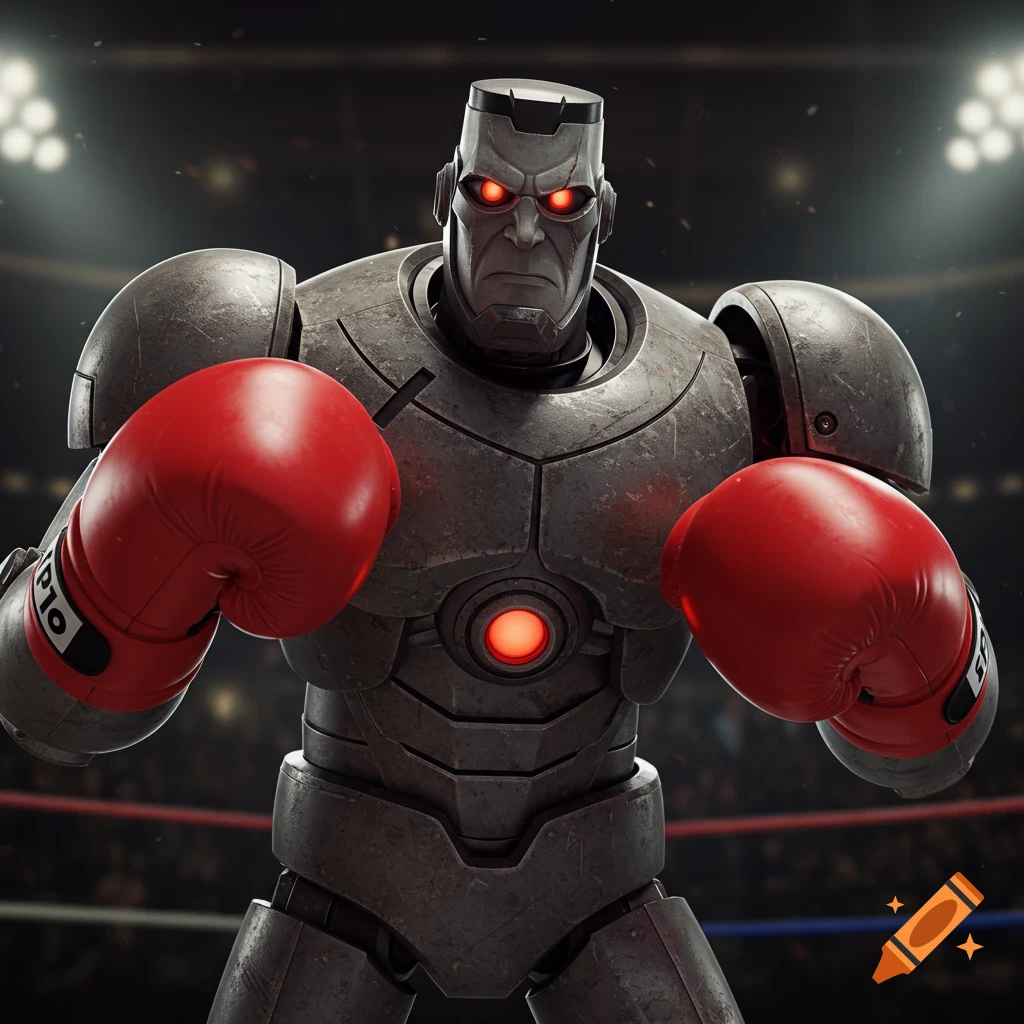 A robot wearing red boxing gloves stands in a boxing ring.