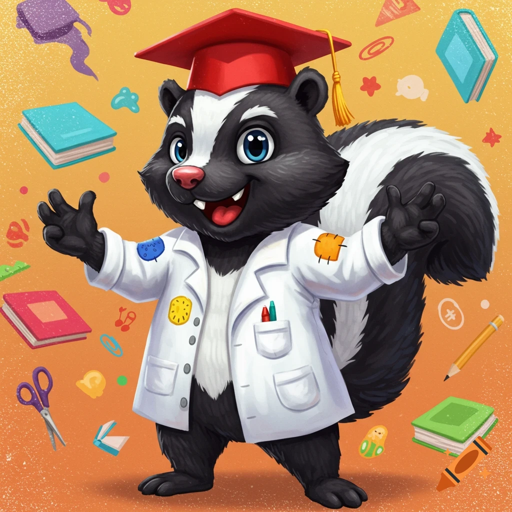 A cartoon skunk school mascot in a lab coat and graduation cap surrounded by school items