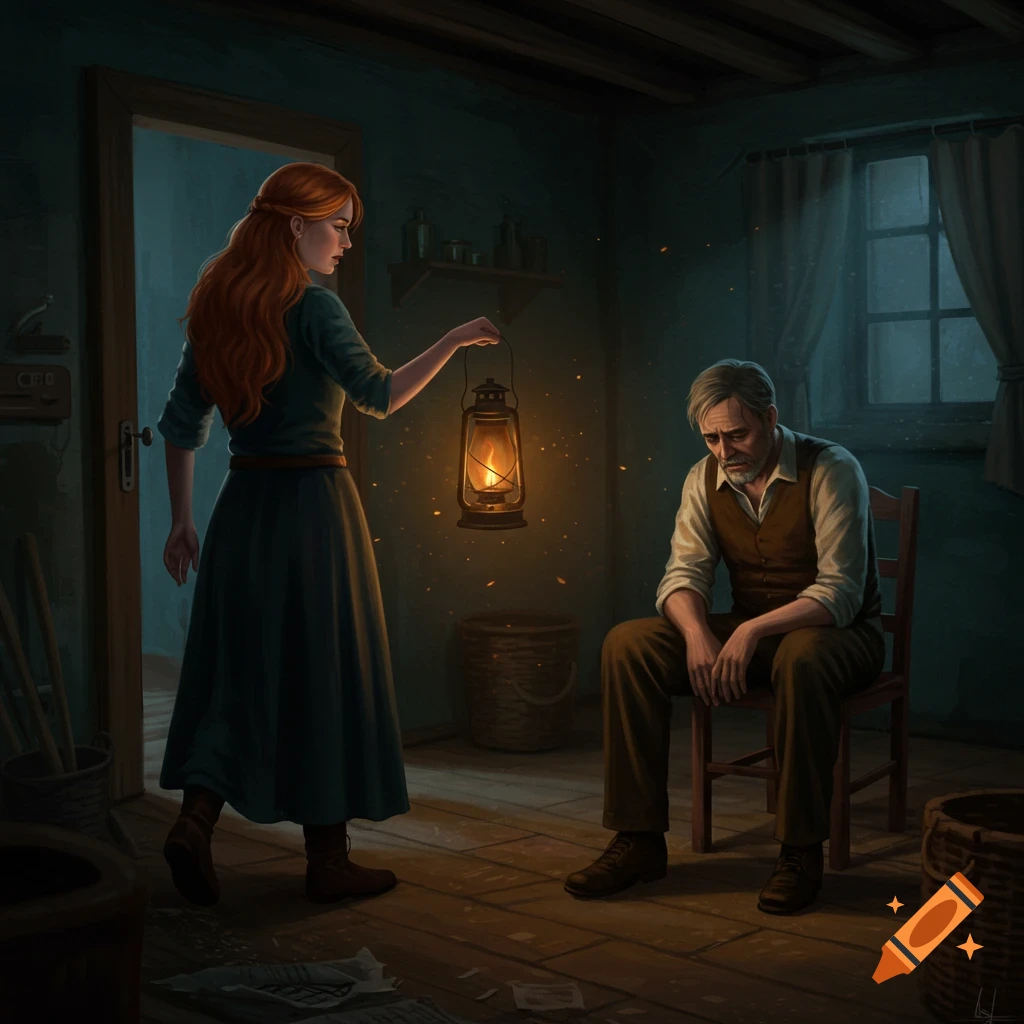 A woman with a lantern entering a dark room where a sad man sits.