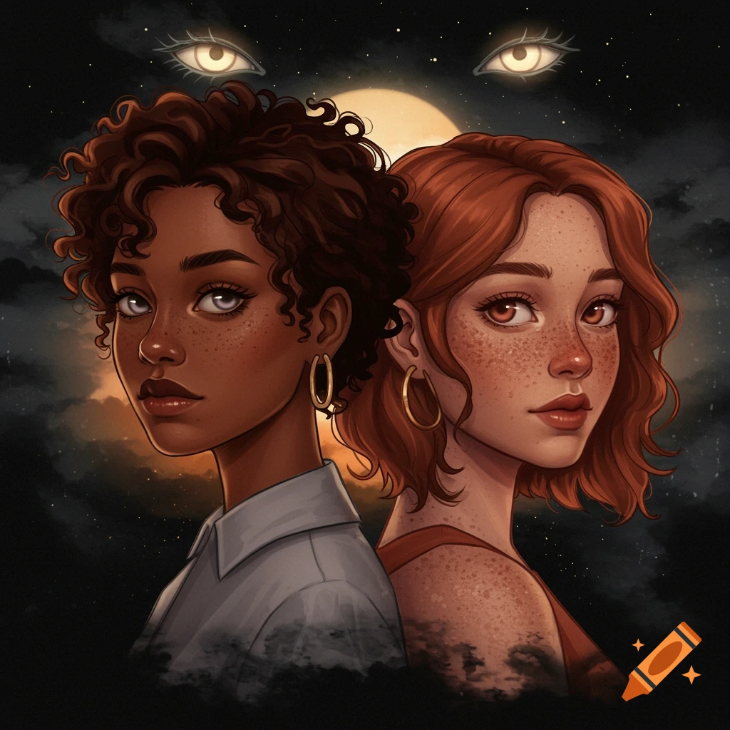Two young women are standing back-to-back. One has dark skin and curly brown hair, while the other has light skin, auburn hair, and freckles. They are set against a moonlit sky and both have glowing eyes.