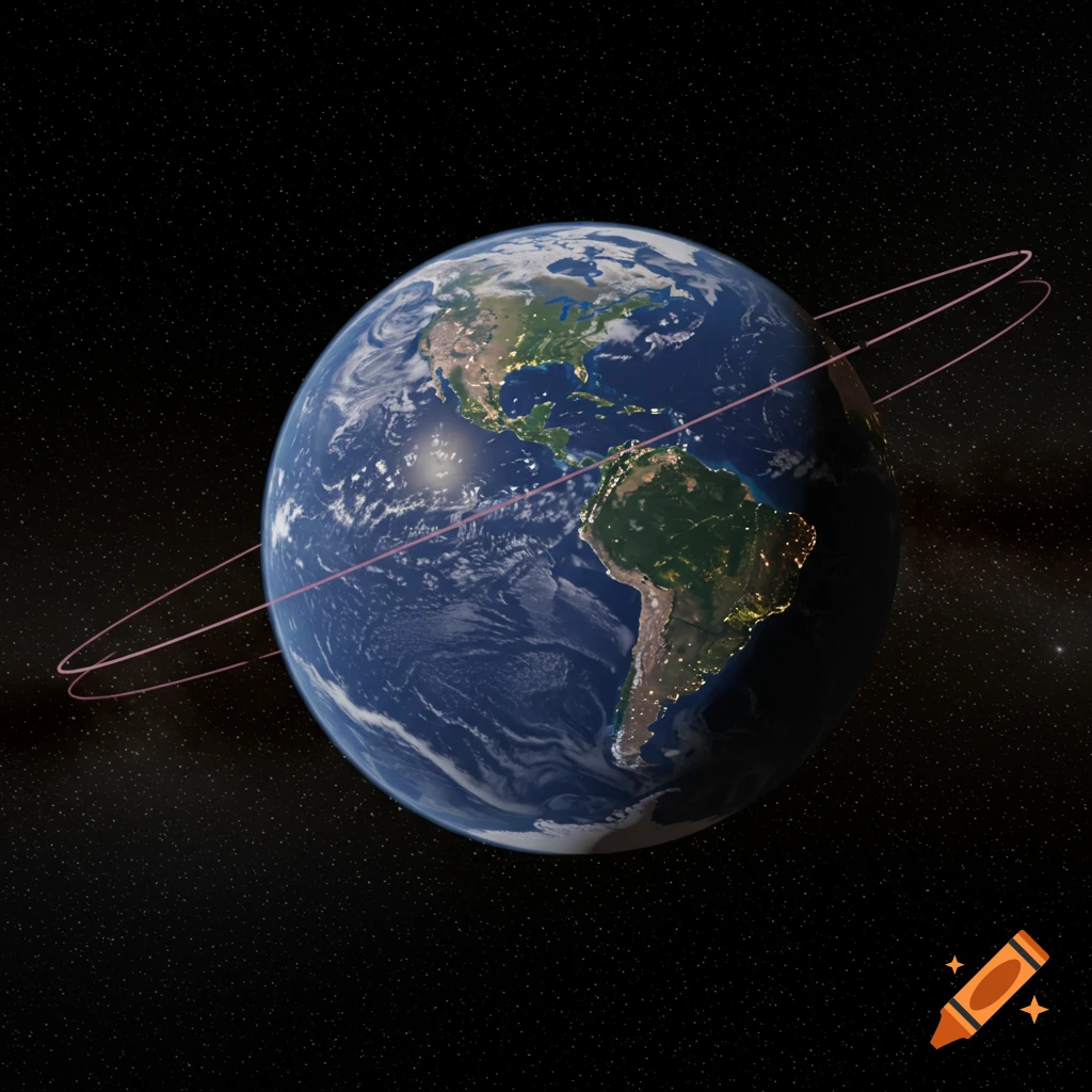 A digital model of Earth seen from space, with pink rings orbiting the planet.