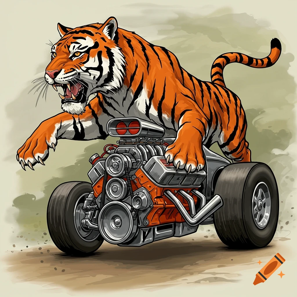 Illustration of a cartoon tiger with a hot rod engine body in a pouncing pose.
