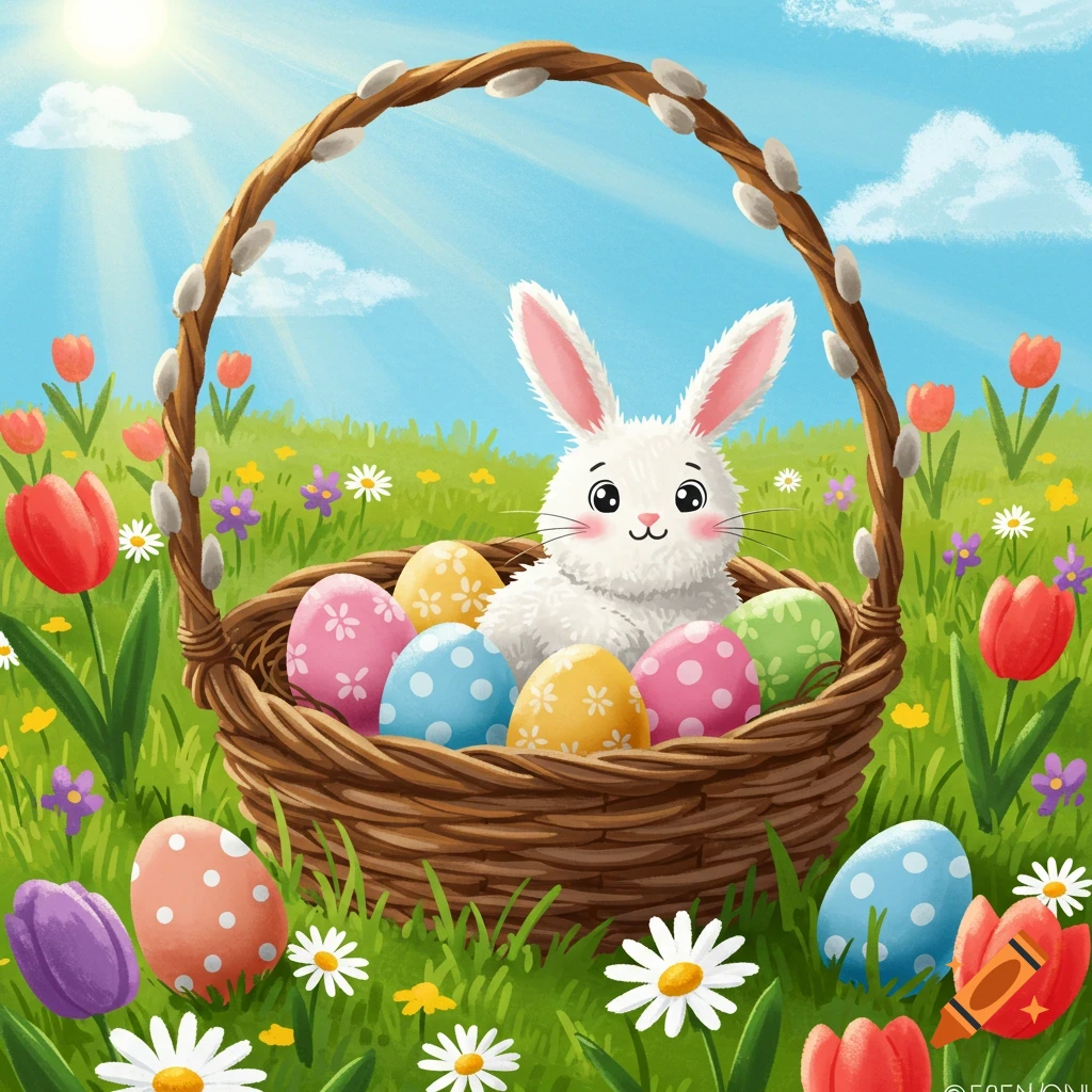 A cute white Easter bunny sits in a basket of decorated eggs surrounded by flowers and grass in a sunny field.