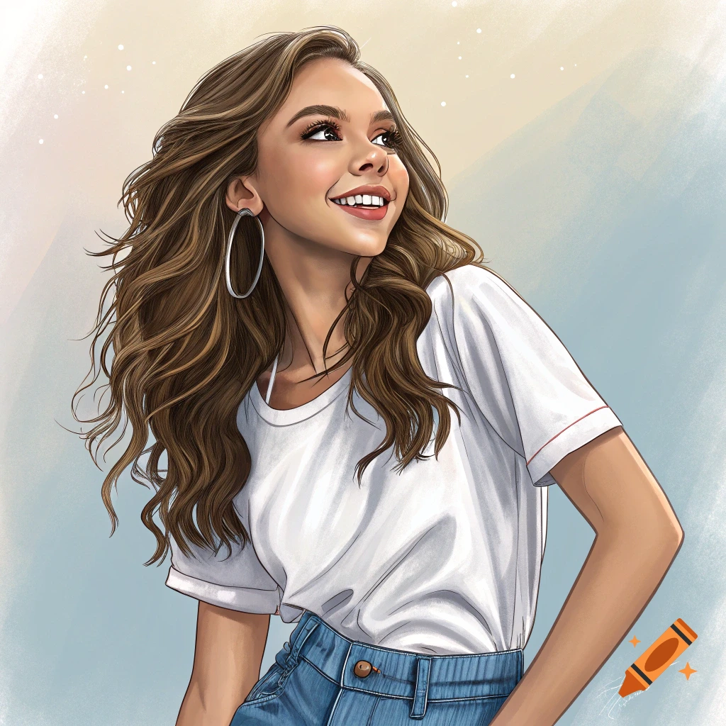 Illustration of a smiling woman with long brown hair wearing a white t-shirt and jeans.