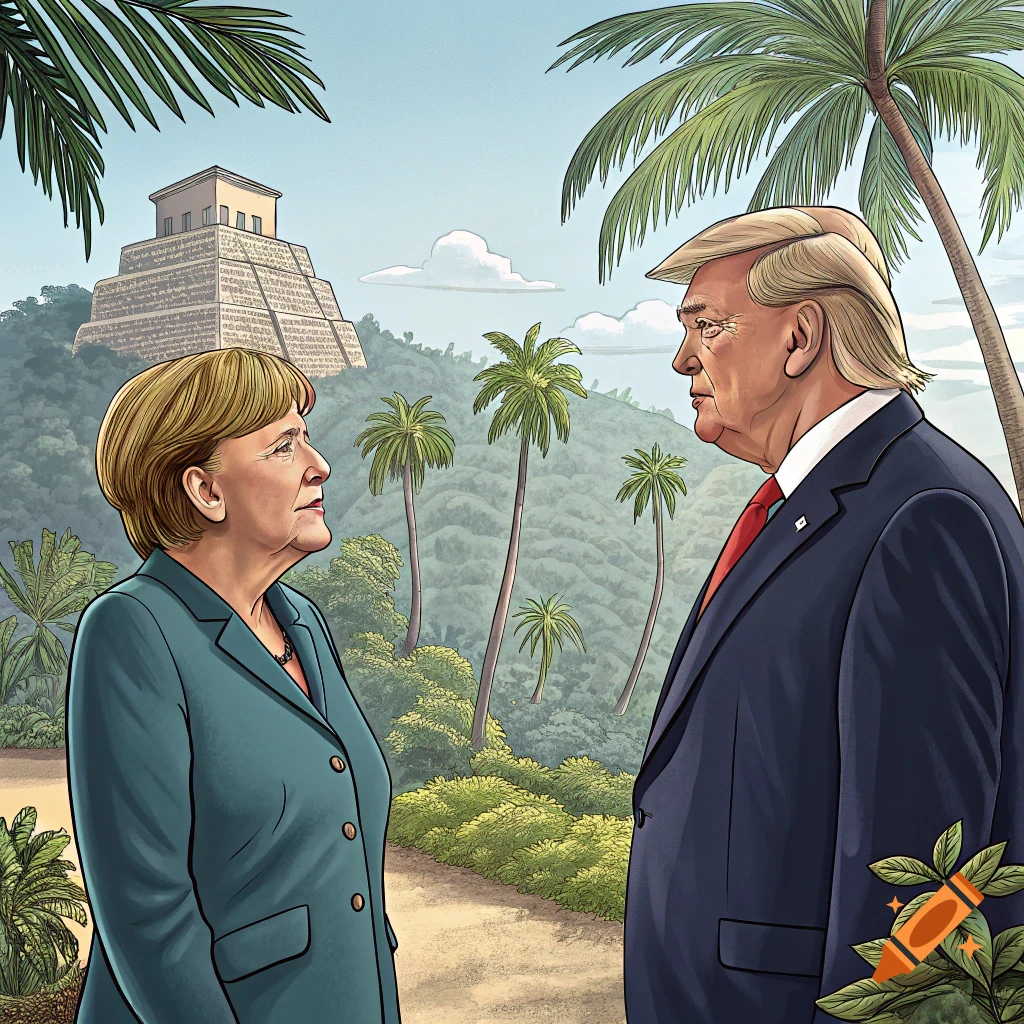Illustration of Angela Merkel and Donald Trump in a tropical setting with a pyramid.