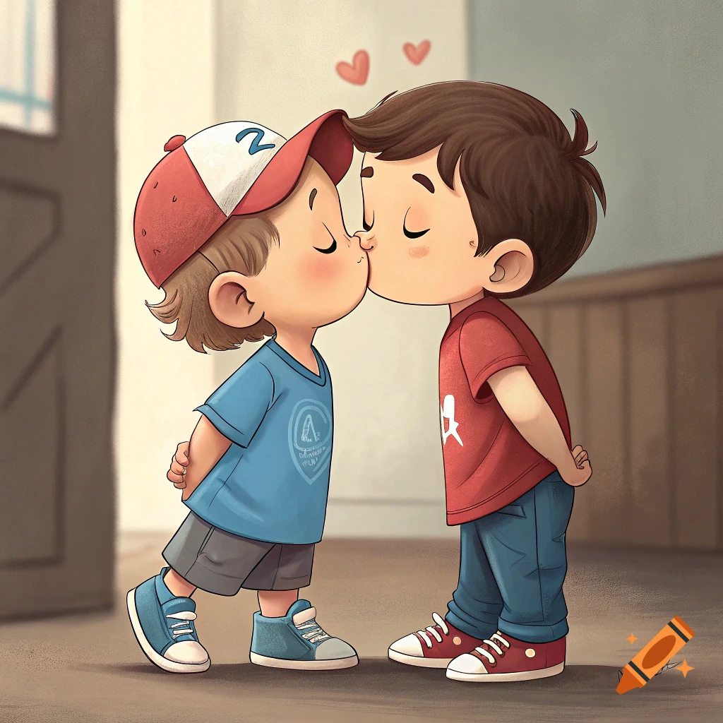 Cartoon illustration of two young boys kissing with hearts above them.