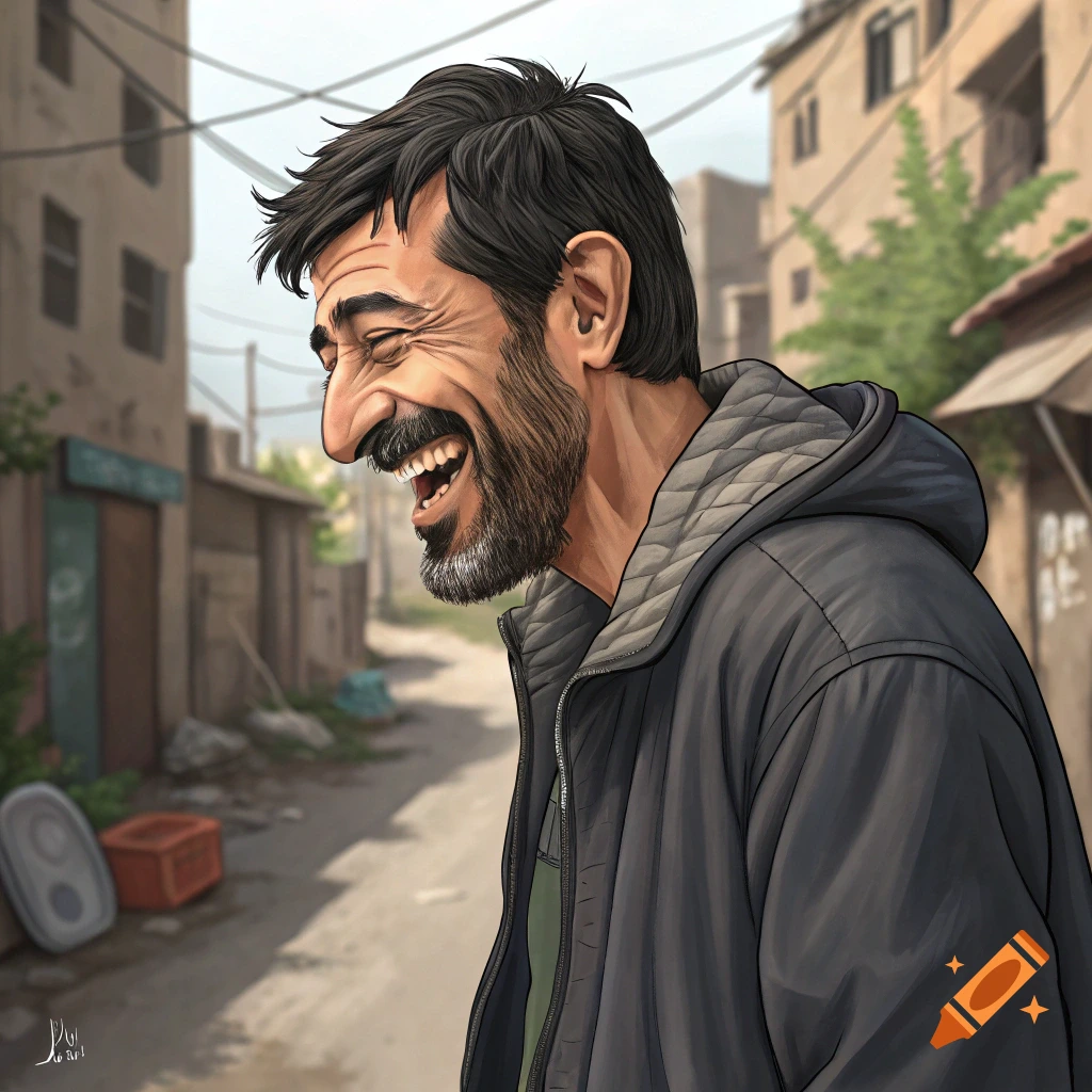 A bearded man in a jacket laughs heartily in a stylized street scene.
