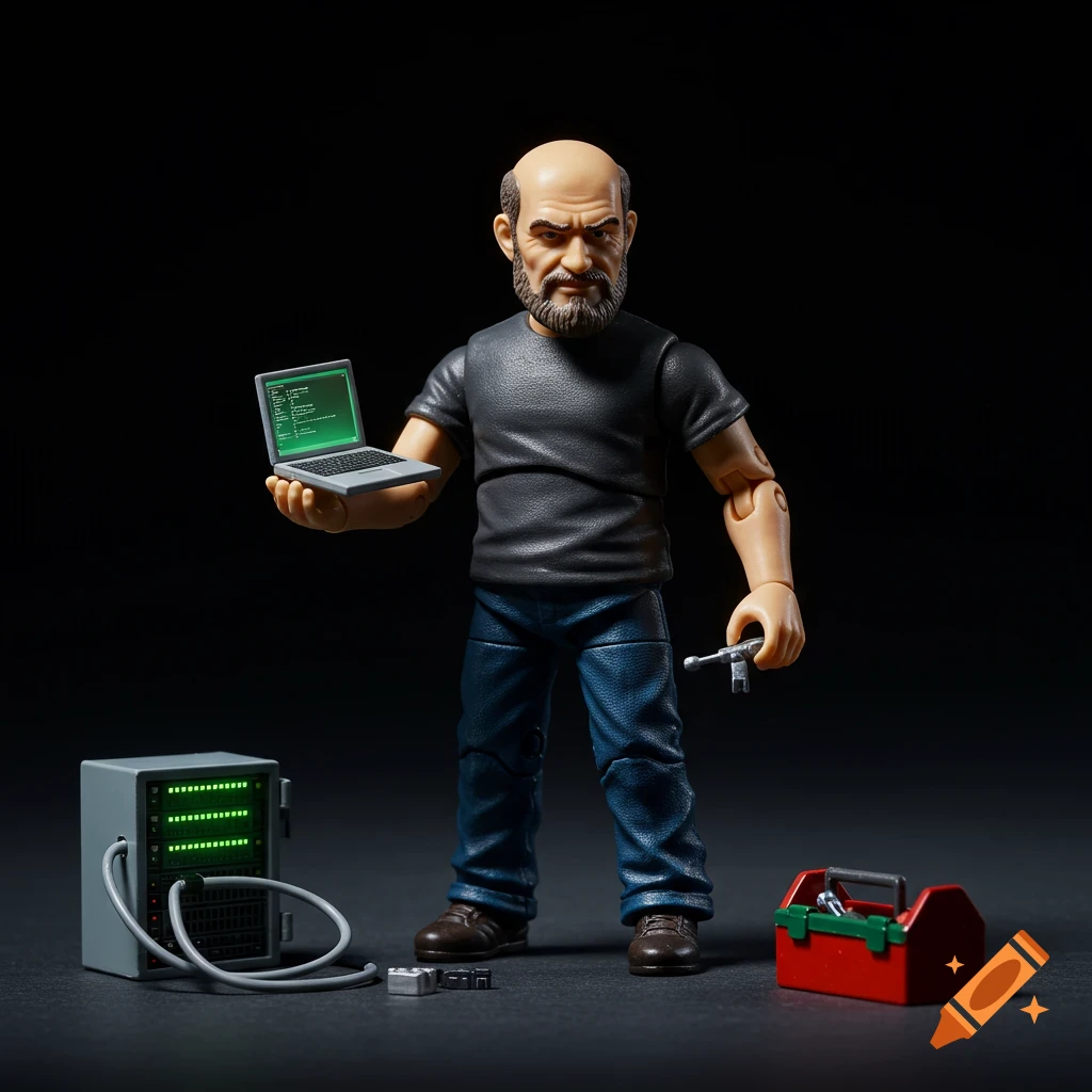 Toy action figure of an IT guy holding a laptop and wrench, standing beside a server rack and toolbox.