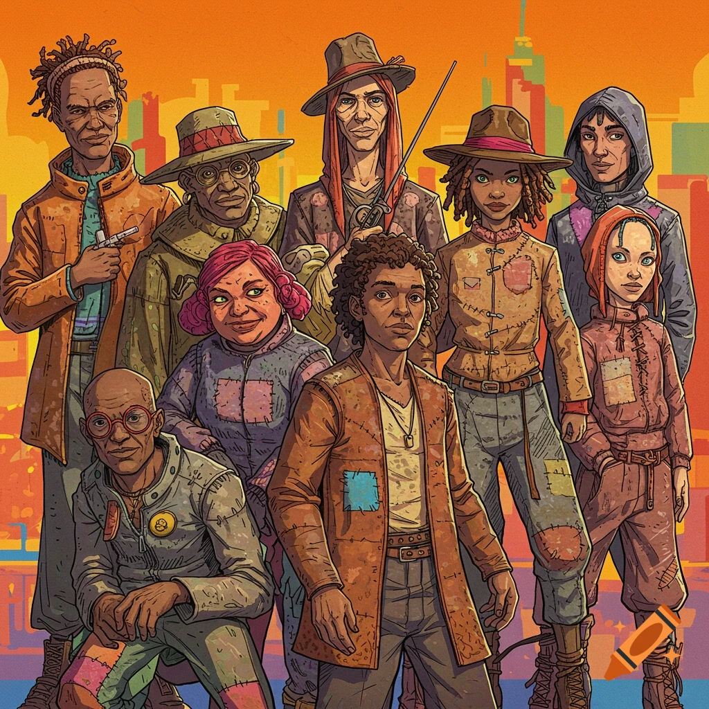 A diverse group of characters in patched, worn clothing standing in front of a stylized city skyline.