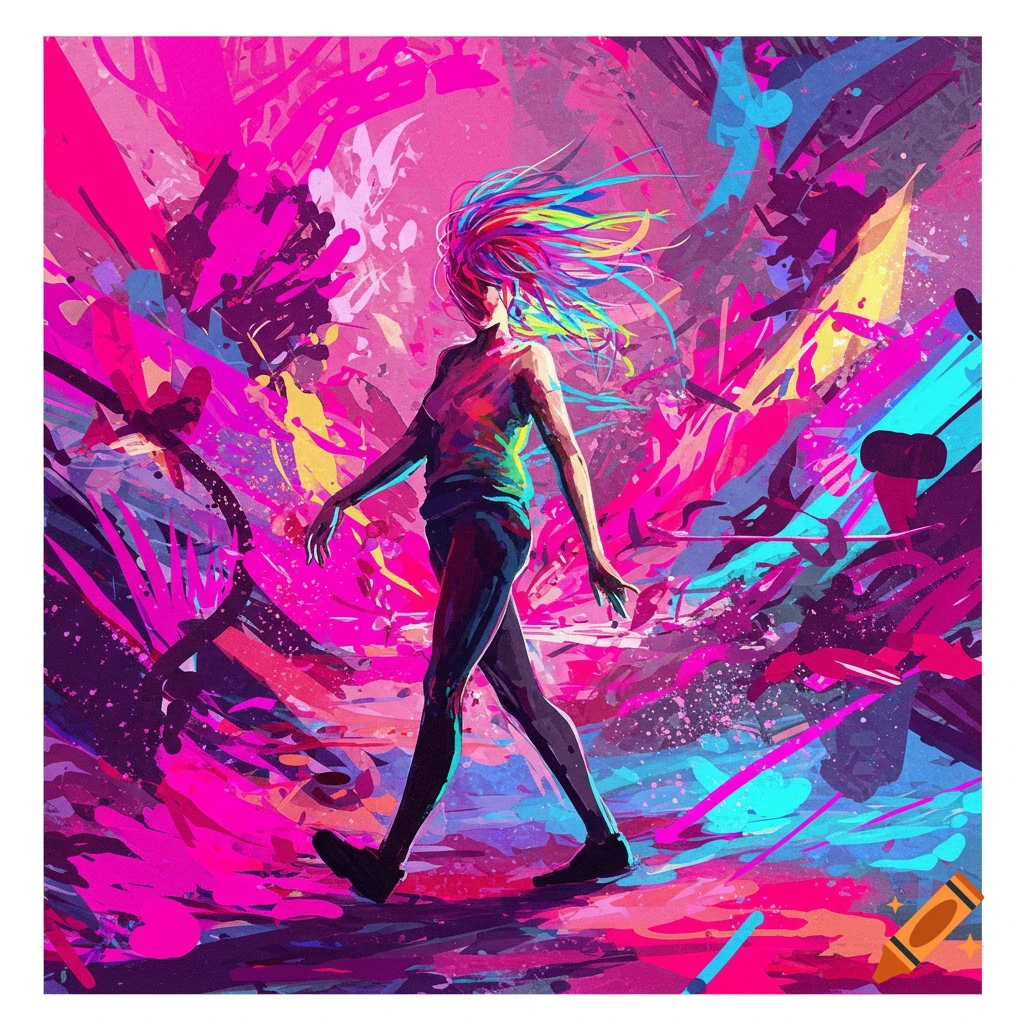 A person walks through a vibrant abstract space with splashes of pink, blue, and yellow paint.