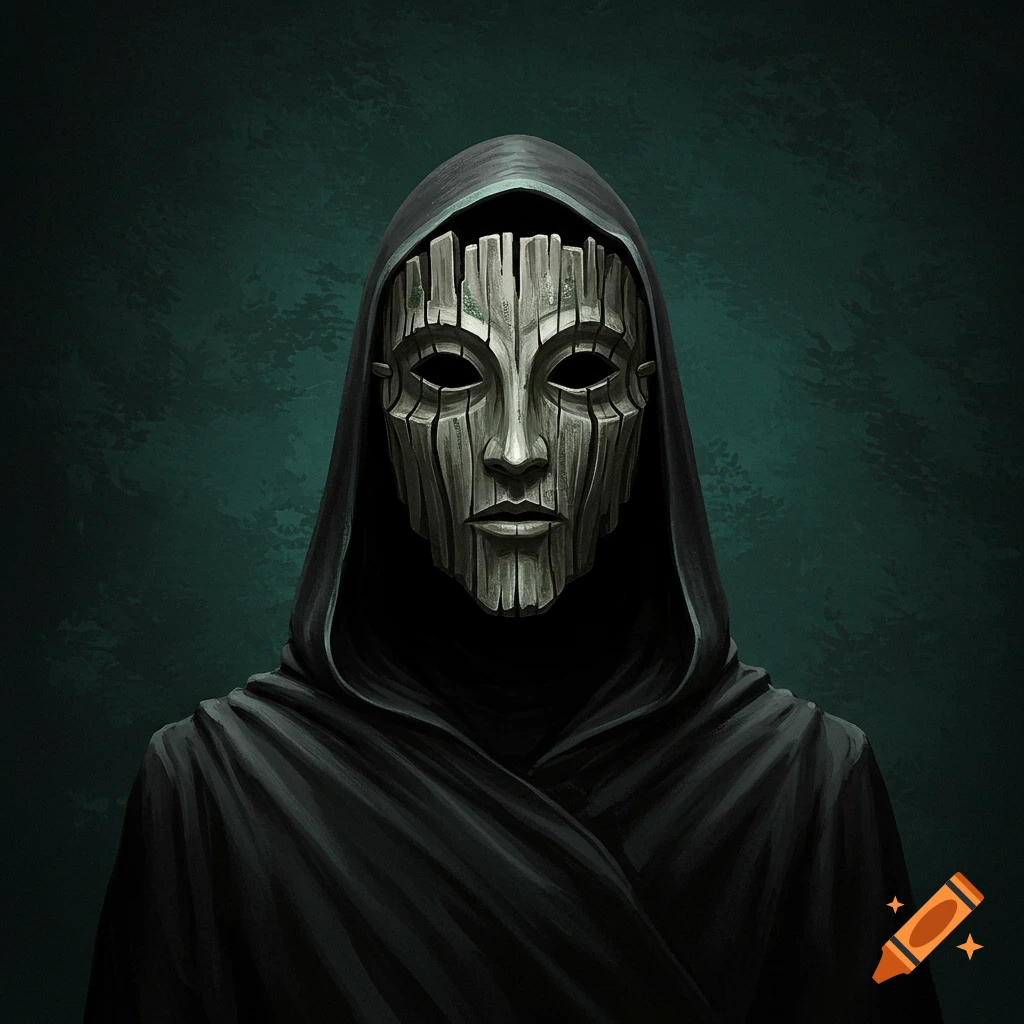 A hooded figure wears a weathered plank mask.