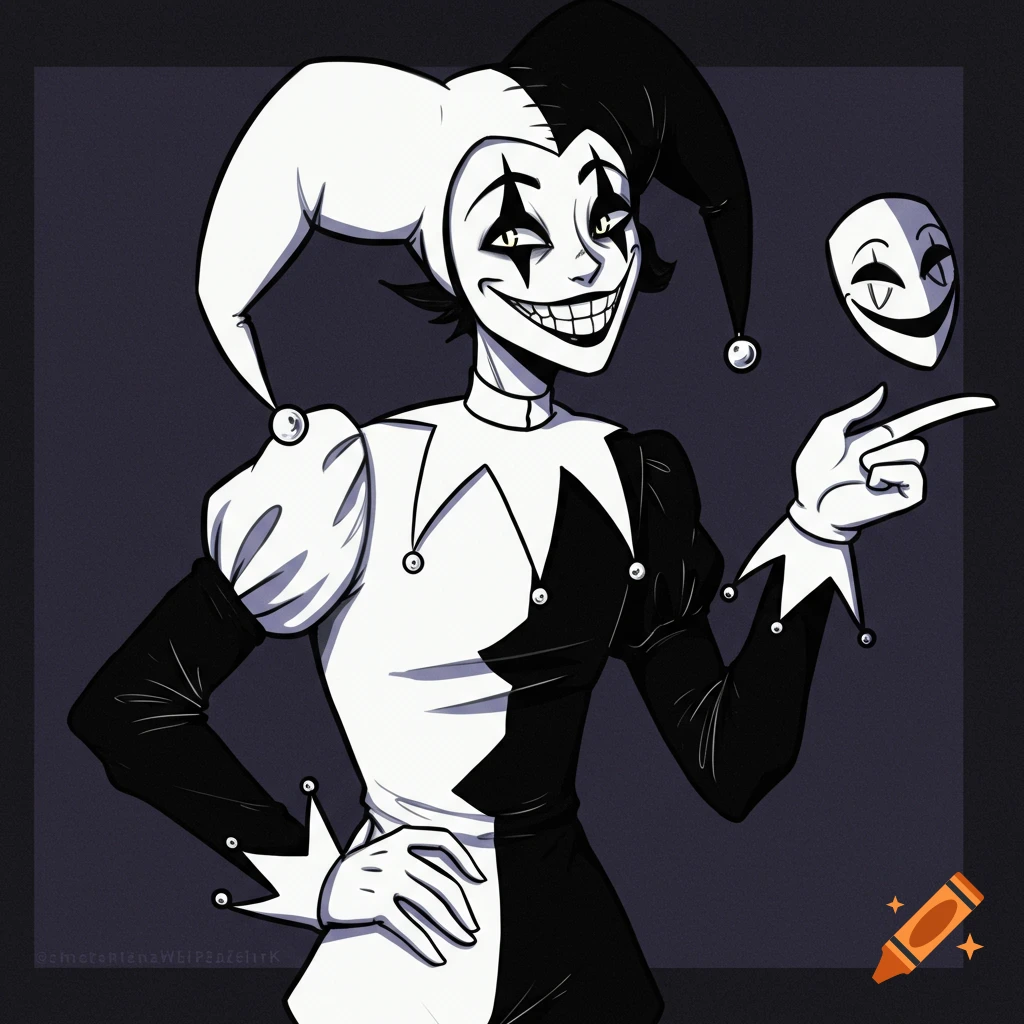 Black and white illustration of an anime jester pointing, holding a mask.