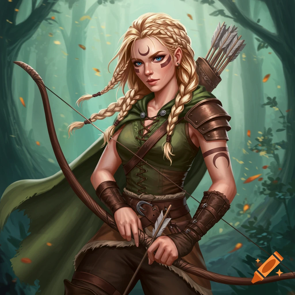 A fantasy female ranger with braids, bow, and moon tattoo in a forest.