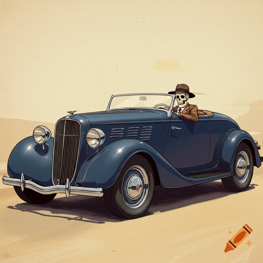 A skeleton in a suit and fedora driving a blue vintage convertible car.