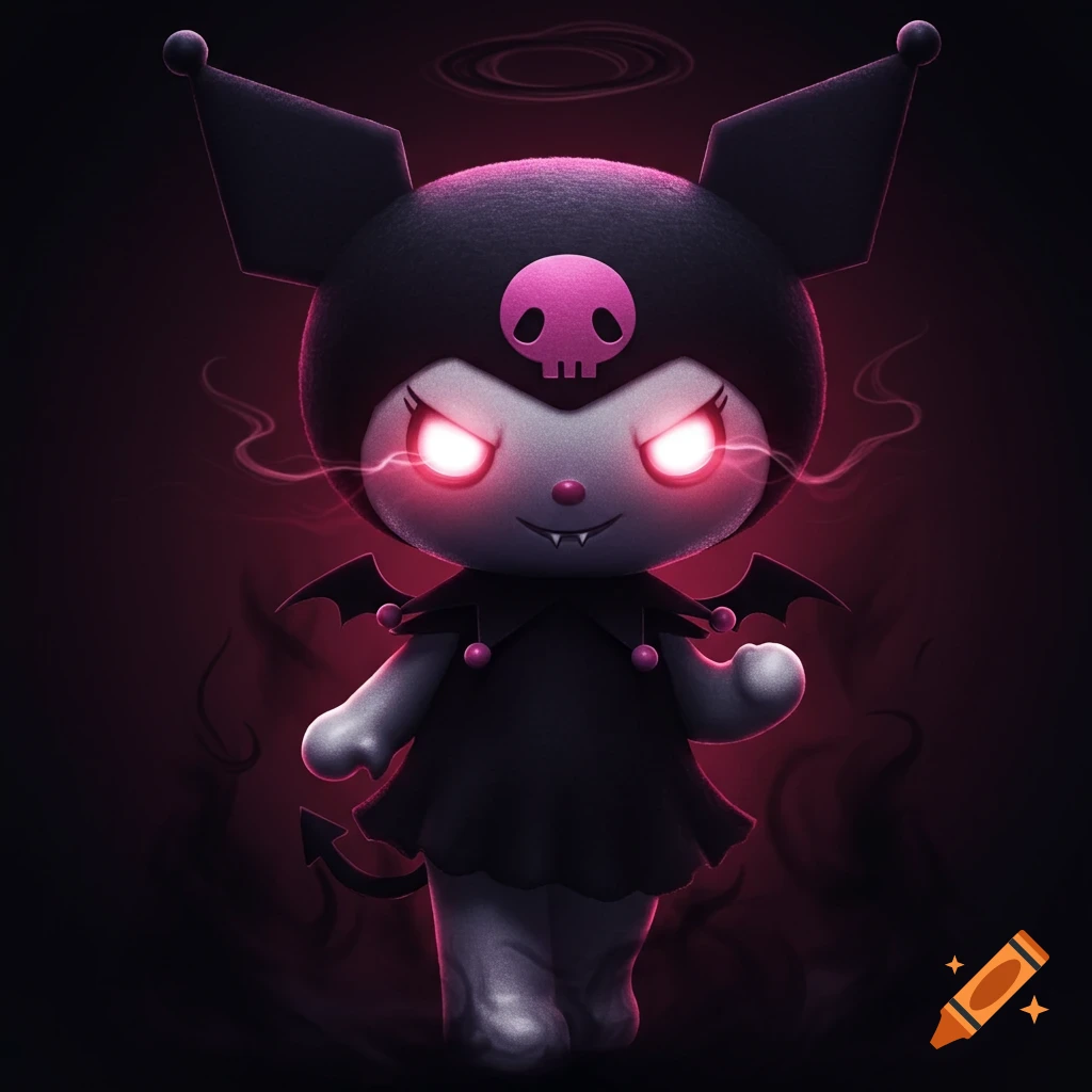 Stylized Evil Kuromi character with glowing red eyes, bat wings, and a tail in a dark fantasy style.