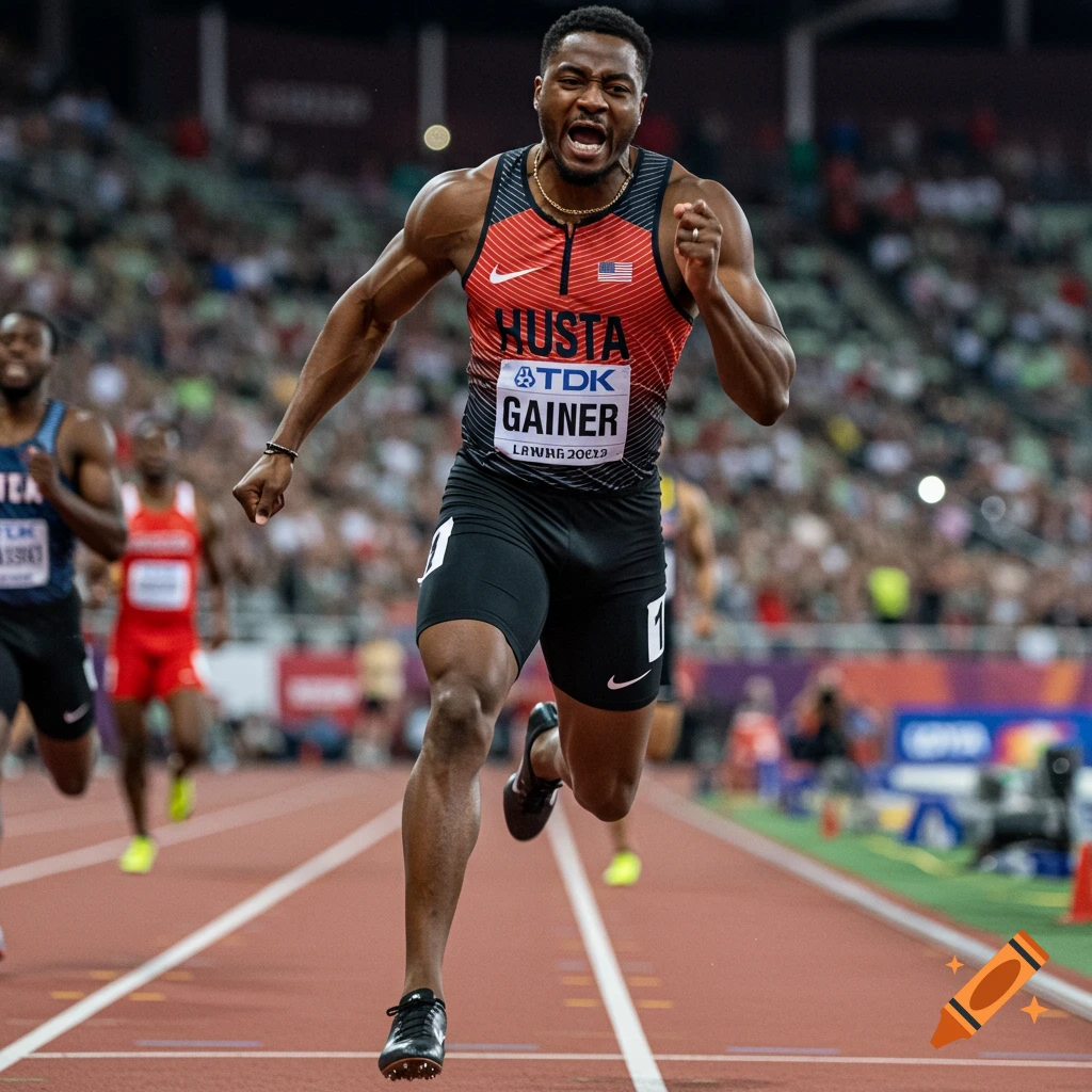 A male runner sprints intensely on a track during a race.