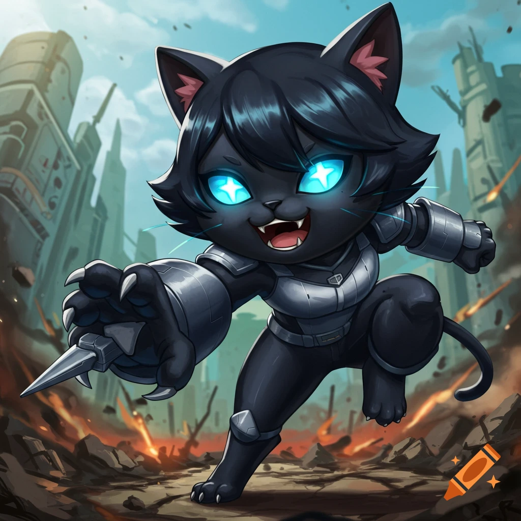 A cartoon black cat in silver armor lunges forward with a clawed blade in a destroyed city.