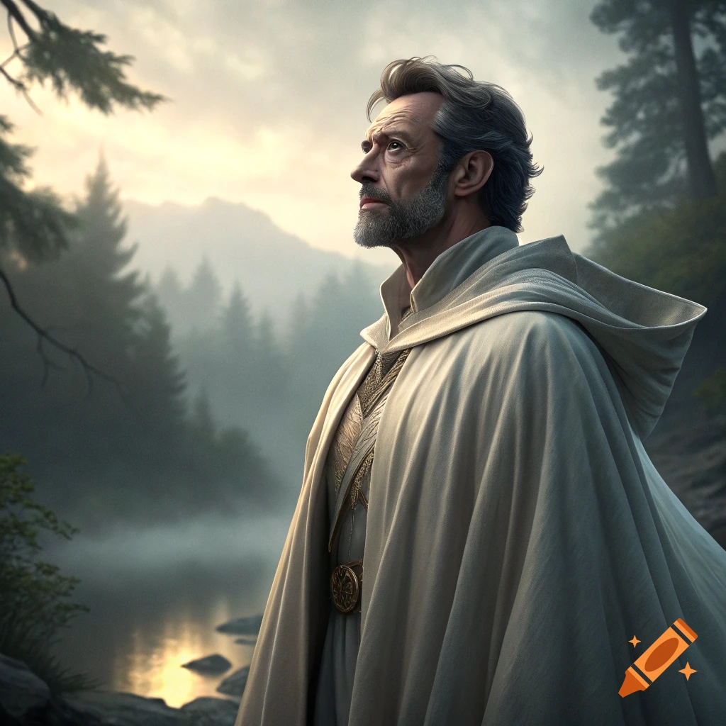 A man in a hooded cloak stands in a misty forest landscape, looking up.