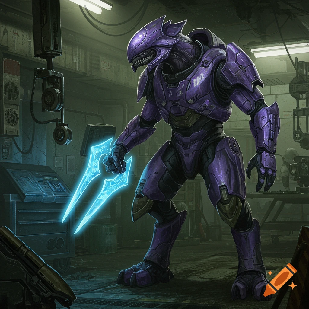 A purple Halo Elite character holds a glowing blue energy sword in a dark industrial or mechanical area.