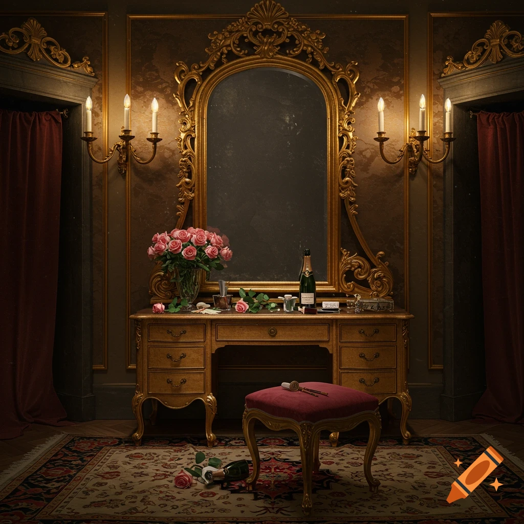 An ornate 18th-century theatre dressing room with a gilded mirror, dressing table, roses, and champagne bottle.