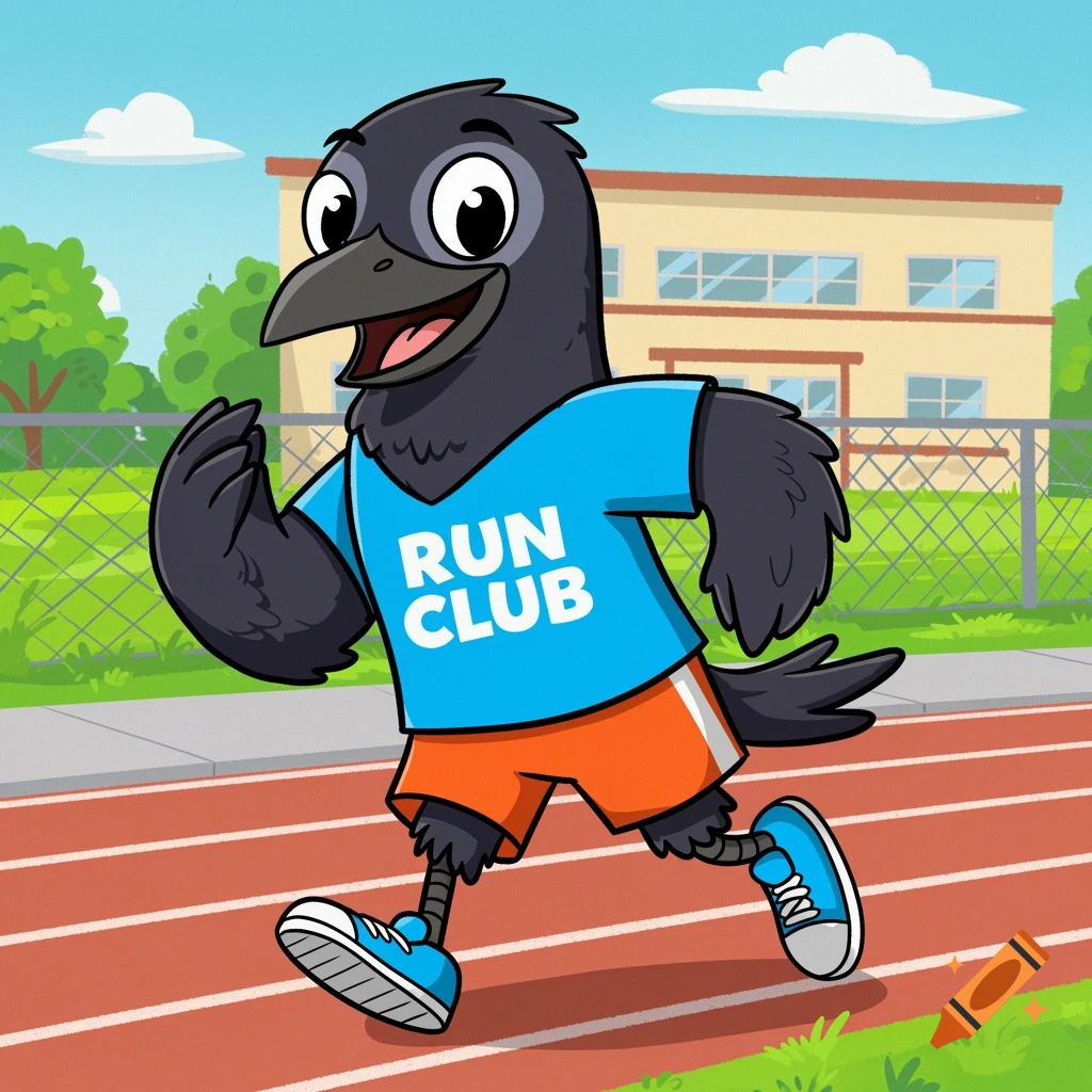 Cartoon raven wearing 'RUN CLUB' shirt runs on a track
