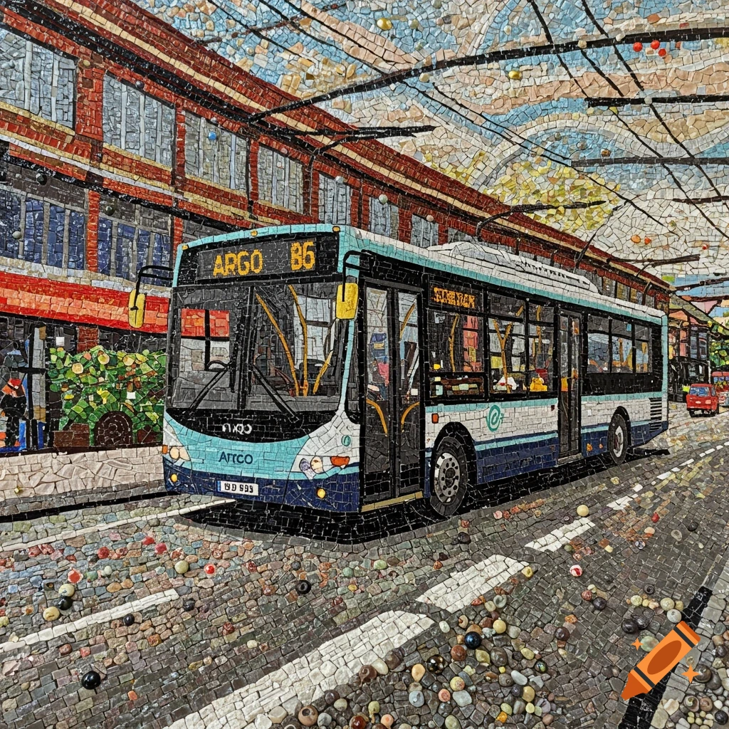 A bus with 'ARGO B6' on the front, rendered in a colorful mosaic style on a street.
