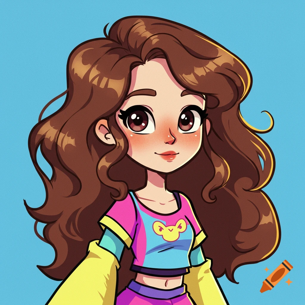 A cartoon portrait of a young female character with brown hair and big eyes, wearing a colorful outfit.