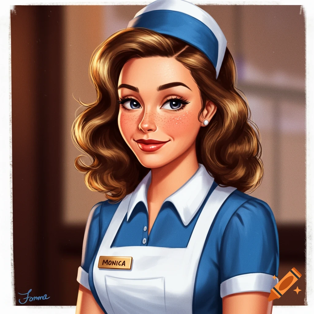 A waitress in a blue uniform and white apron is smiling. She has brown hair and freckles. Her name tag reads 'MONICA'.