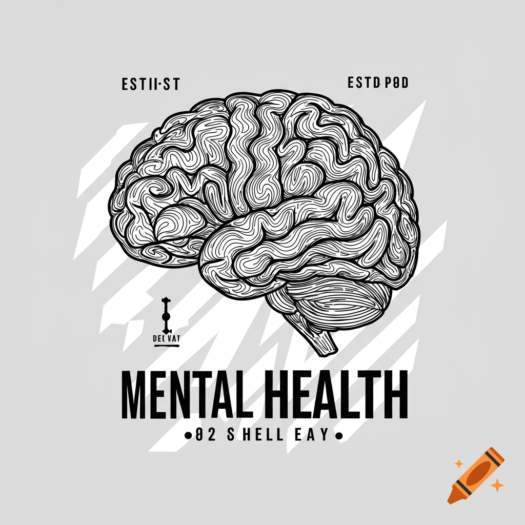 Black and white line art illustration of a brain above the words MENTAL HEALTH, stylized as a streetwear logo.
