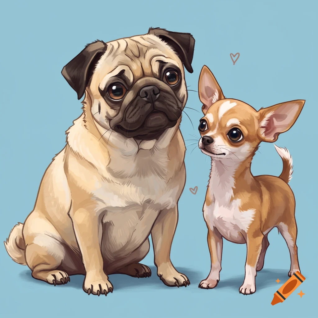 A pug and a chihuahua on a blue background.