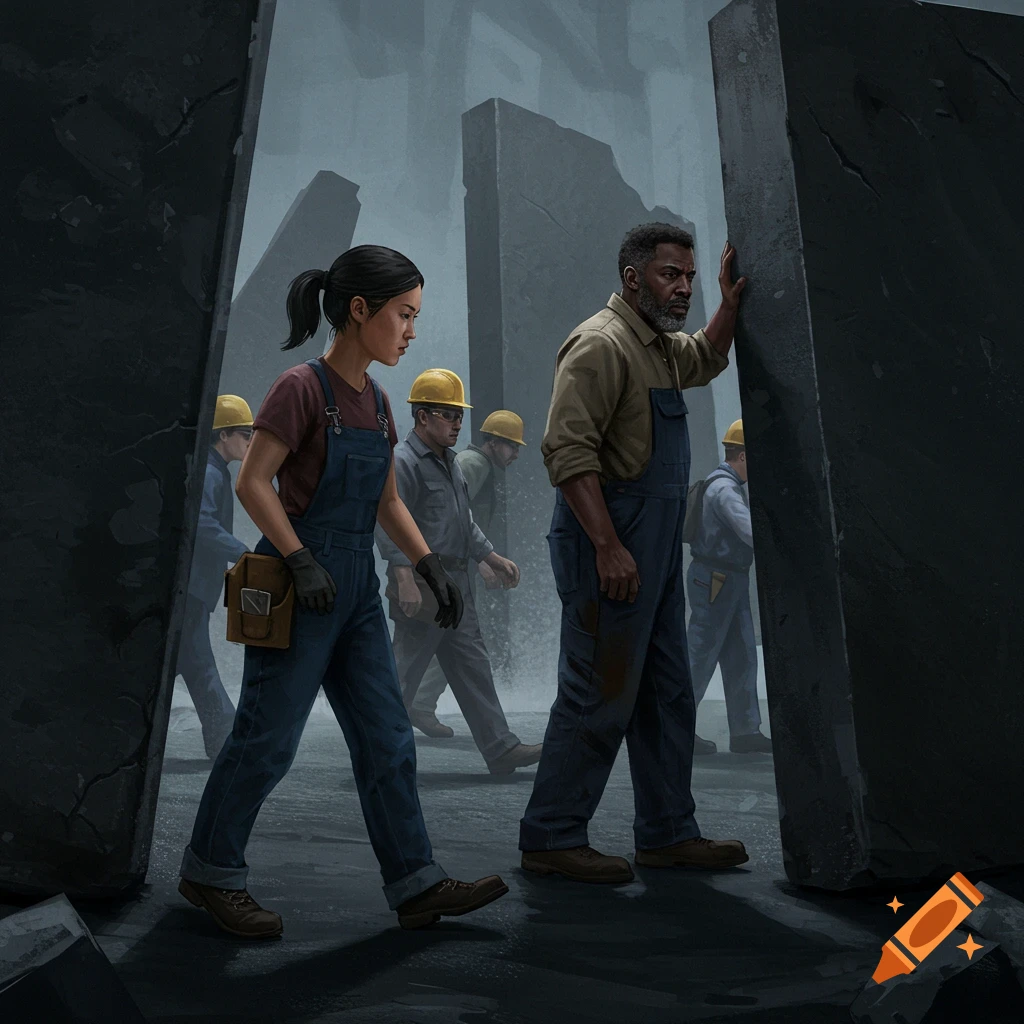 Workers in hard hats and overalls walking among large stone barriers.