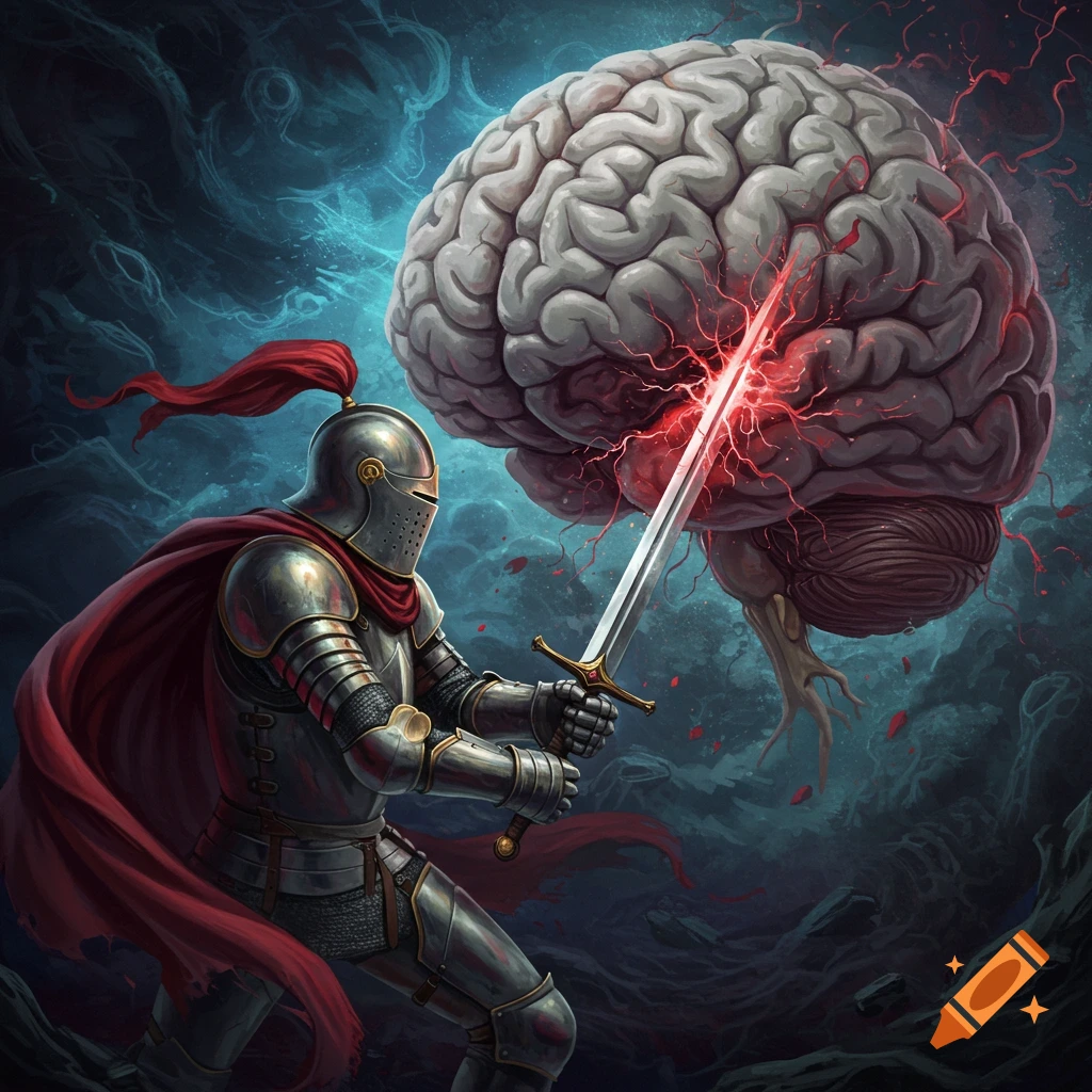 A medieval knight fighting a giant brain with a glowing sword