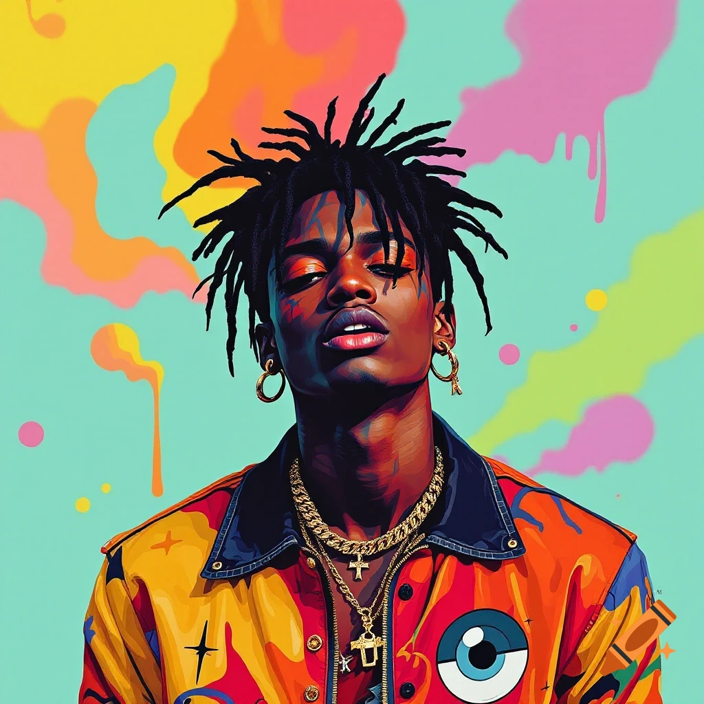 Vibrant digital art portrait of a person with dreadlocks wearing a colorful jacket and jewelry.