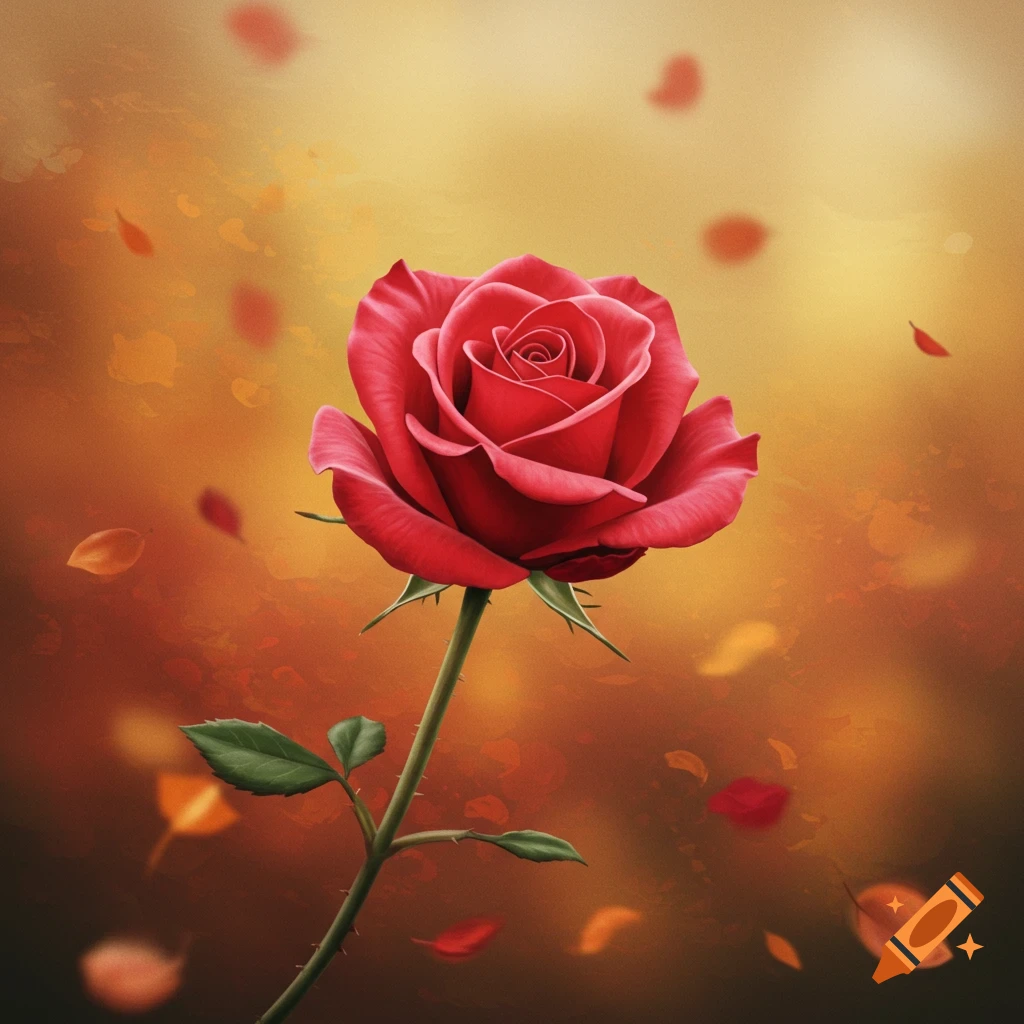 A single red rose with petals falling against a warm, blurry fall background.