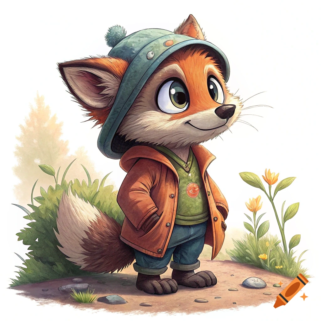 Cute cartoon fox character in hat and jacket standing in grass.