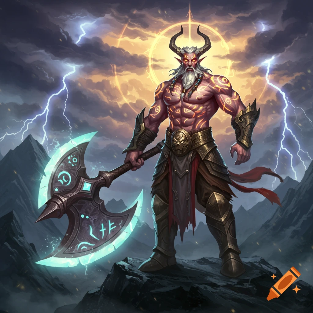 A horned warrior god with glowing tattoos and axe stands on a rock in a stormy mountain landscape with lightning.