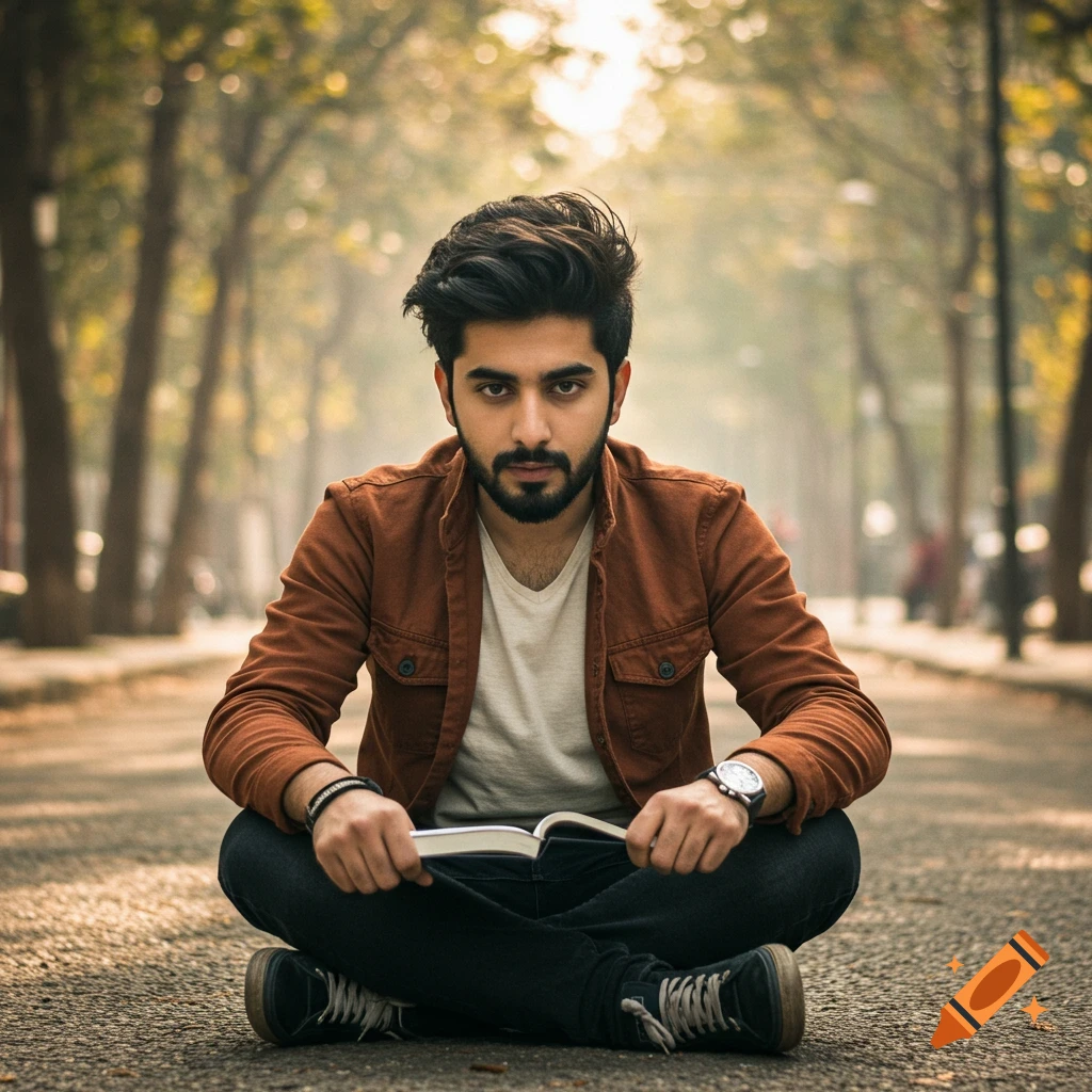 A man sits cross-legged on the ground in an autumn park, holding a book.