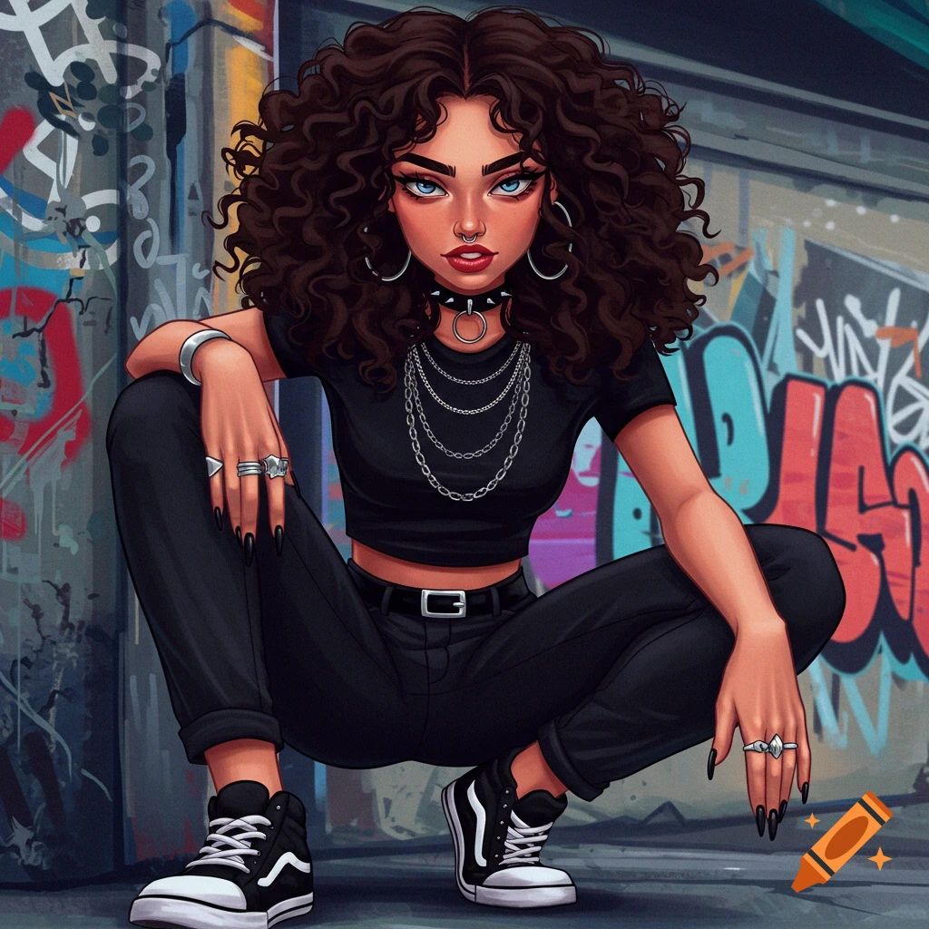A stylized digital illustration of a young woman with curly hair squatting against a graffiti-covered wall.