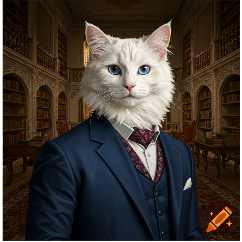 An anthropomorphic white Turkish Angora cat wearing a suit in a library.