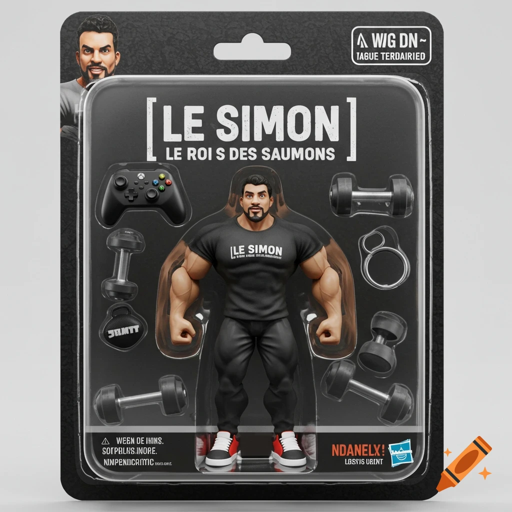 An action figure of a muscular man wearing a black shirt, packaged with gym weights and a game controller.