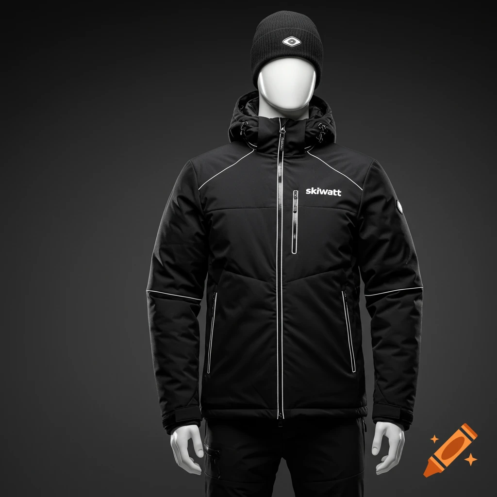 Mannequin wearing a black ski jacket and beanie in a studio shot.